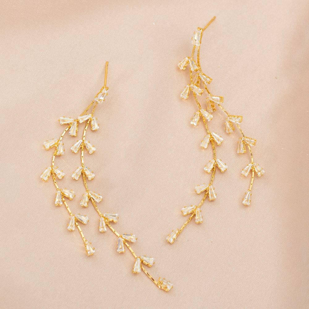 Graceful Willow Zircon and Gold Dangle Earrings