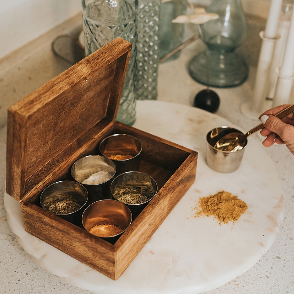 World Map Mango Wood Spice Box with 6 Steel Bowls