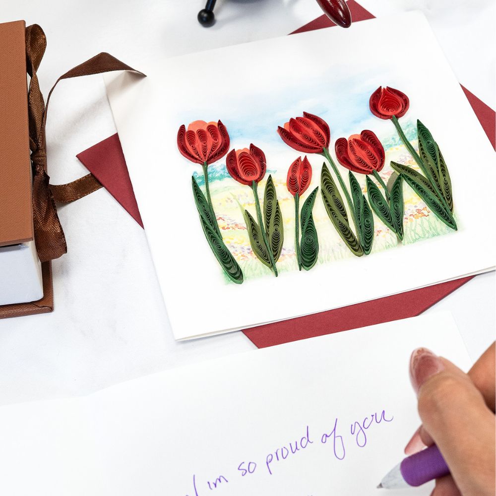 Field of Red Tulips Quilled Greeting Card