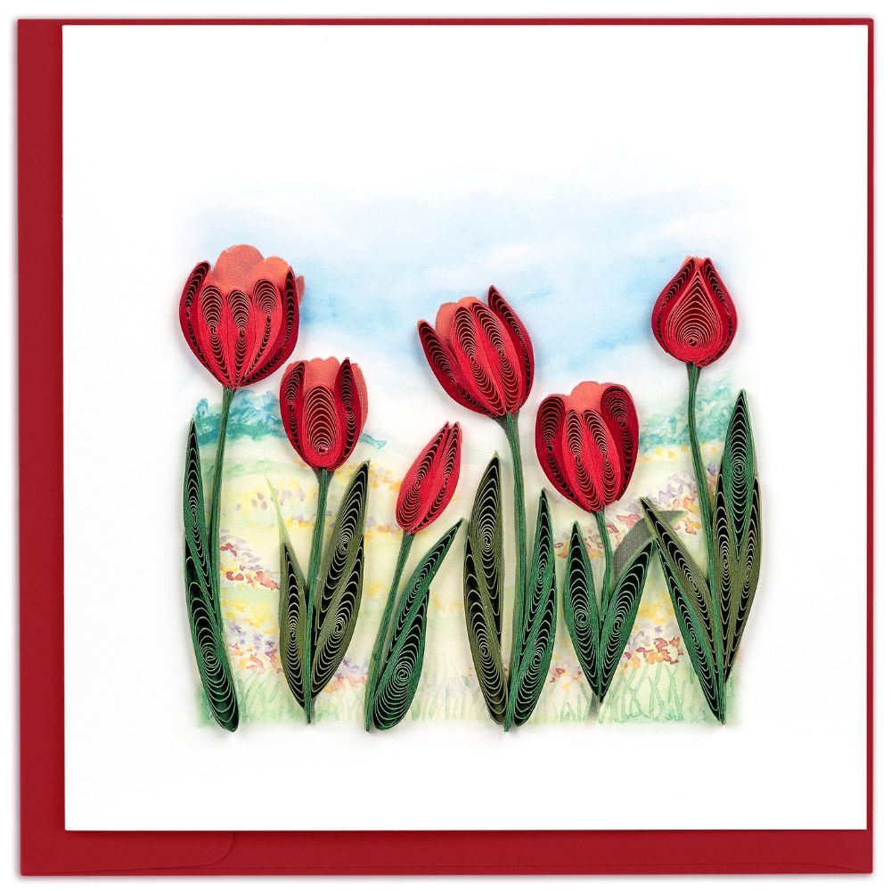 Field of Red Tulips Quilled Greeting Card
