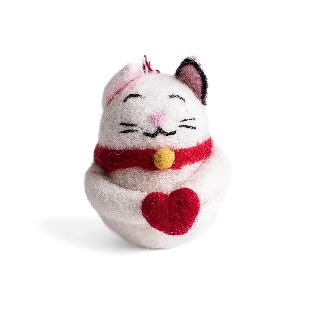 Felt Lucky Cat holding a Heart Ornament