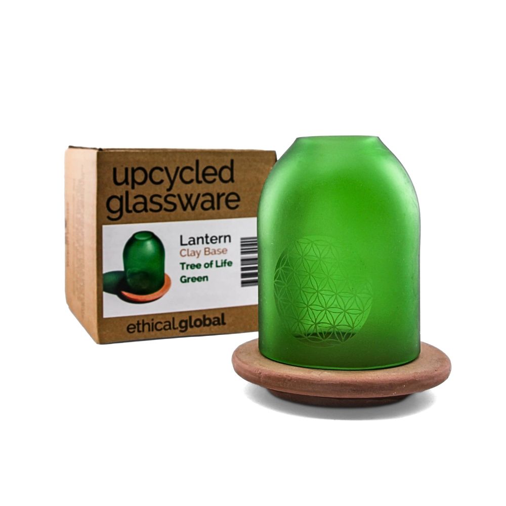 Flower of Life Green Bottle Votive Candle Holder