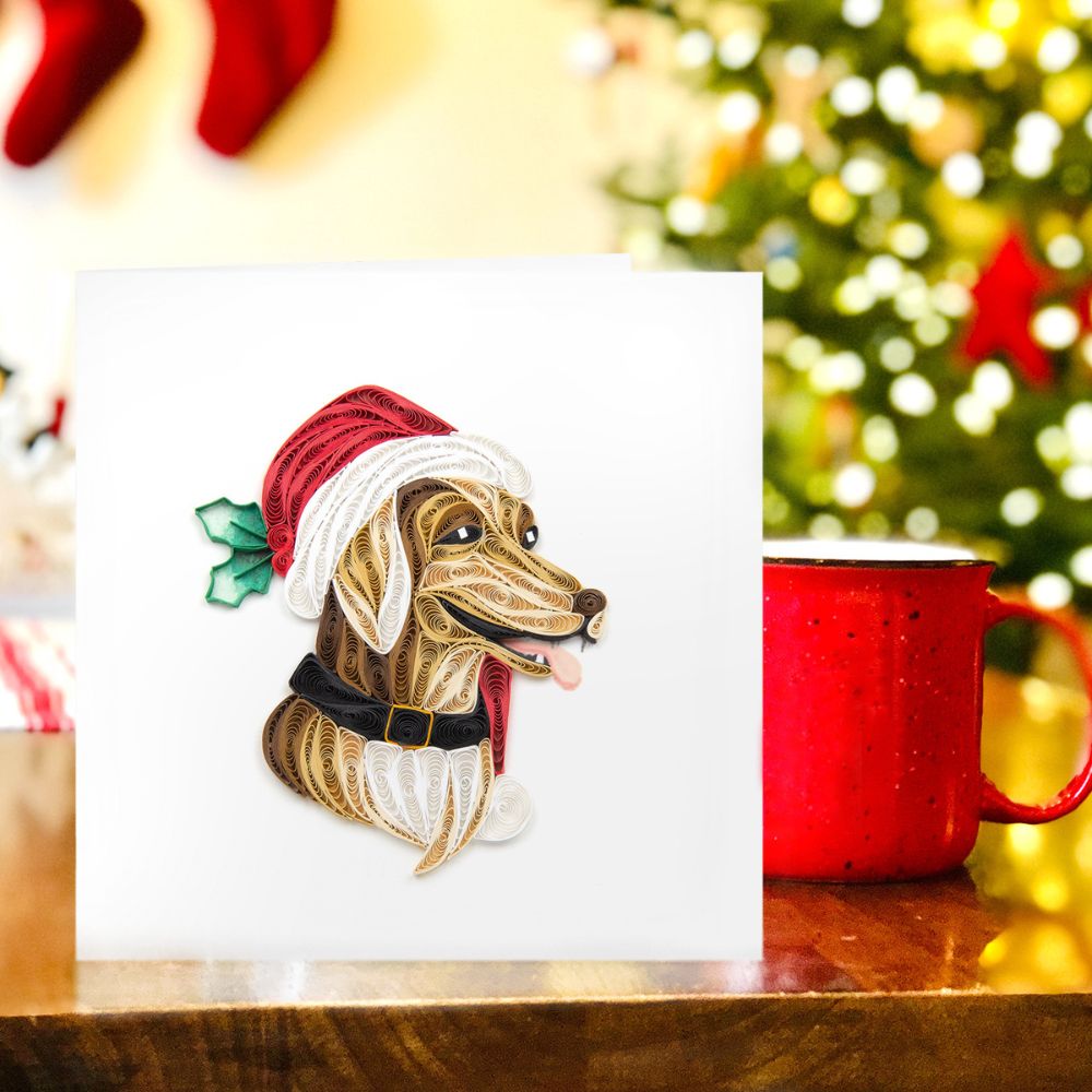 Dog with Santa Hat Quilled Greeting Card