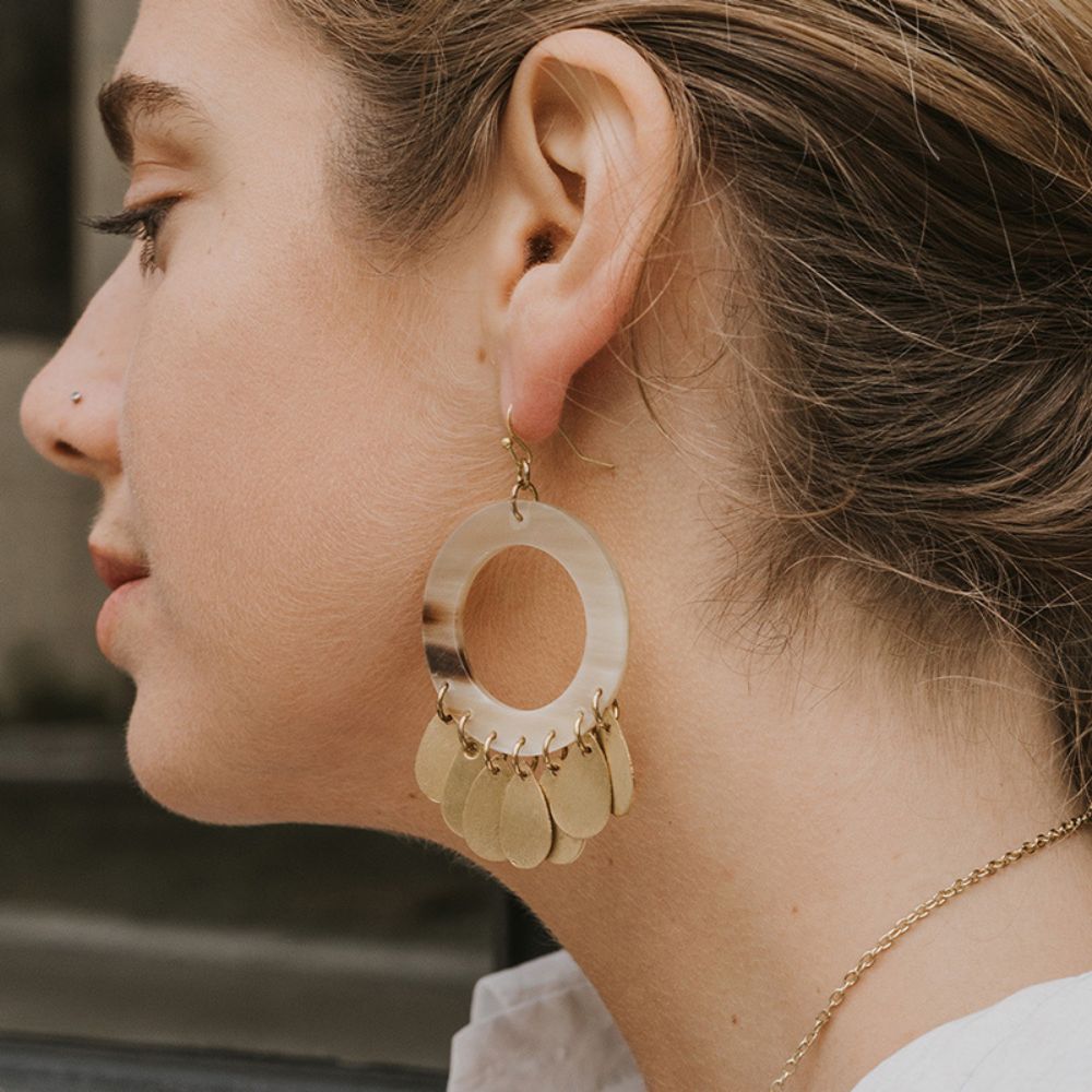 Carved Horn Teardrop Fringe Earrings