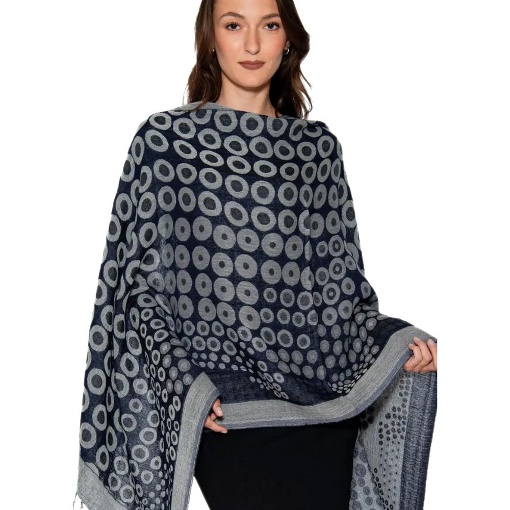 Kalya Wool and Cotton Shawl - Black and Silver Circles