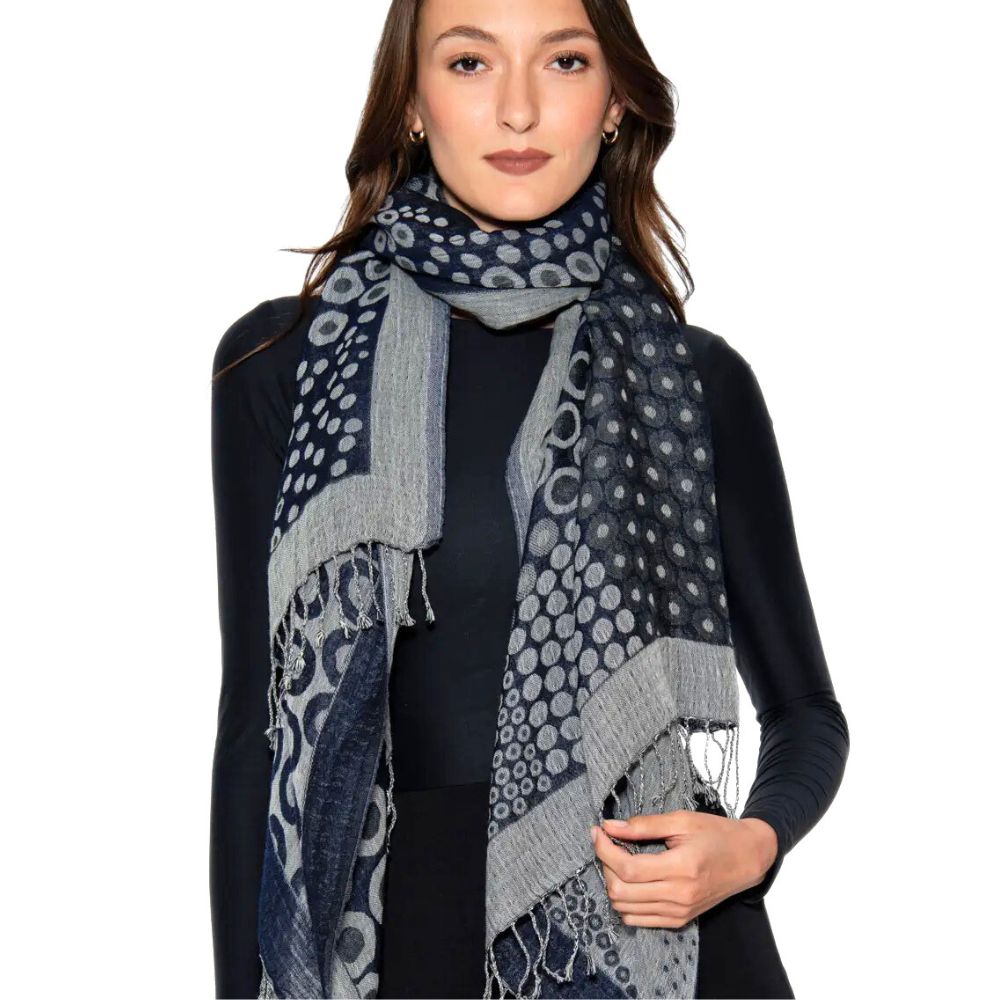 Kalya Wool and Cotton Shawl - Black and Silver Circles