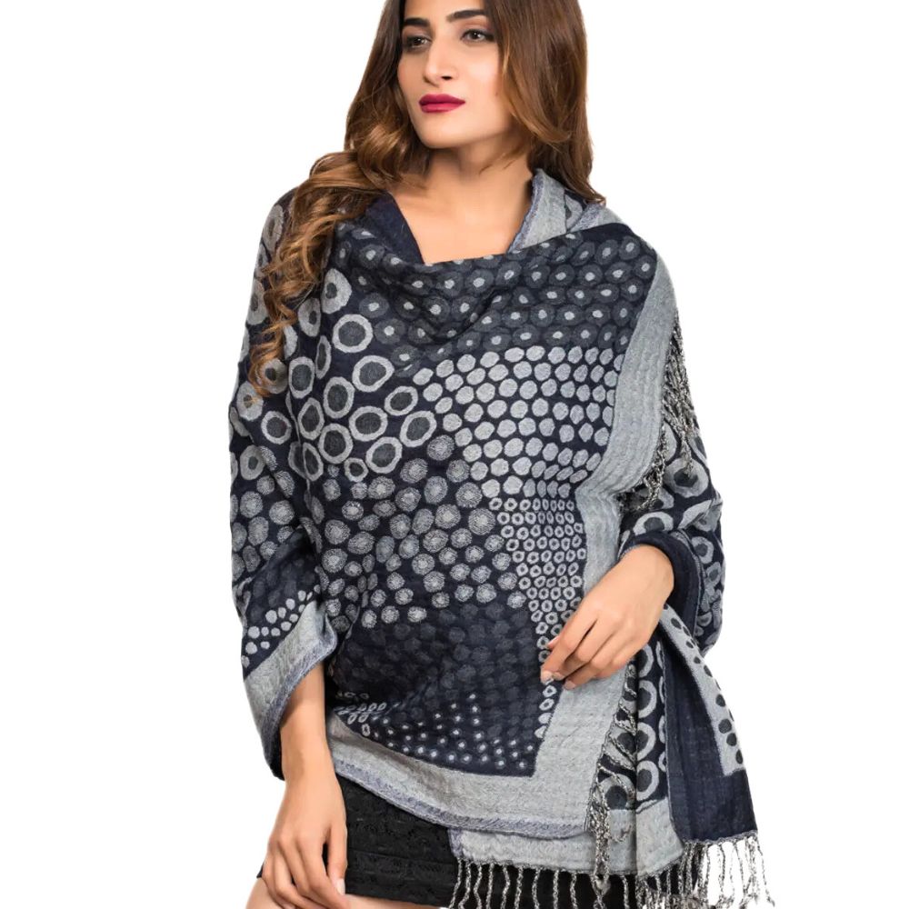 Kalya Wool and Cotton Shawl - Black and Silver Circles