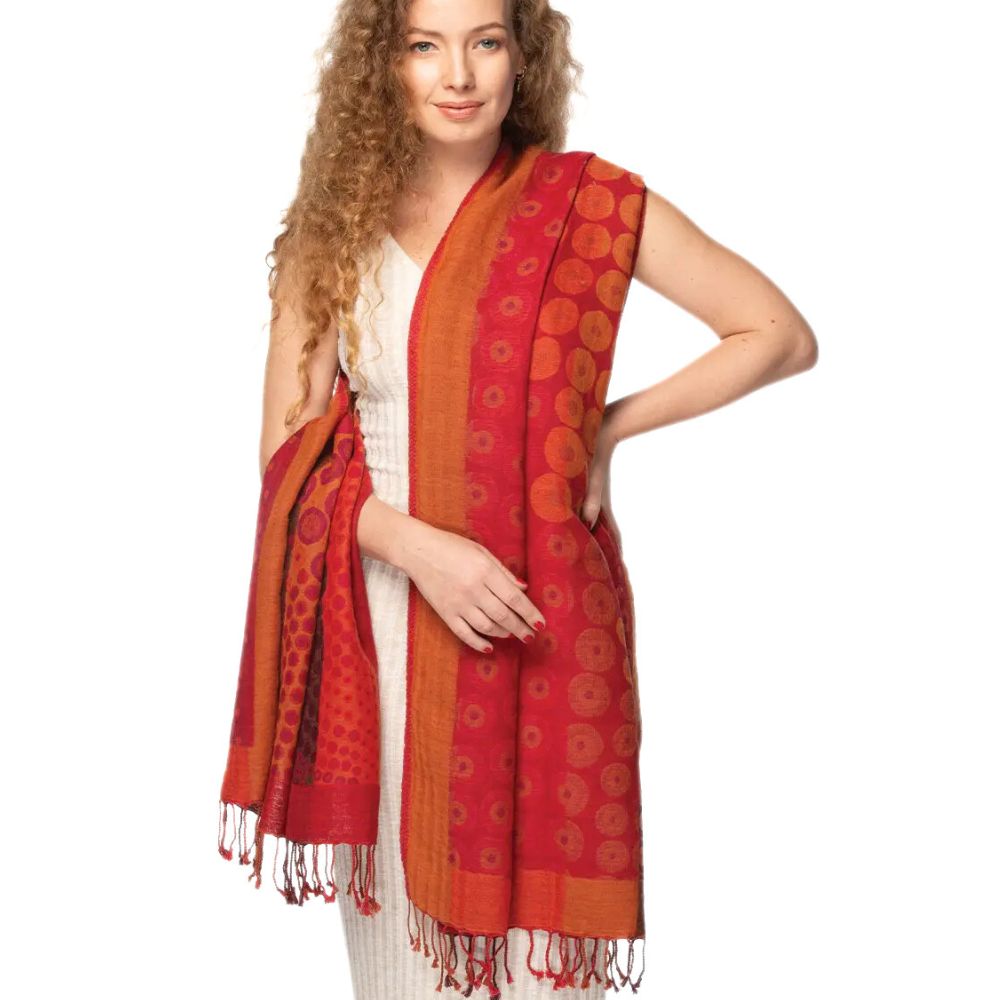Kalya Wool and Cotton Shawl - Abstract Red and Orange