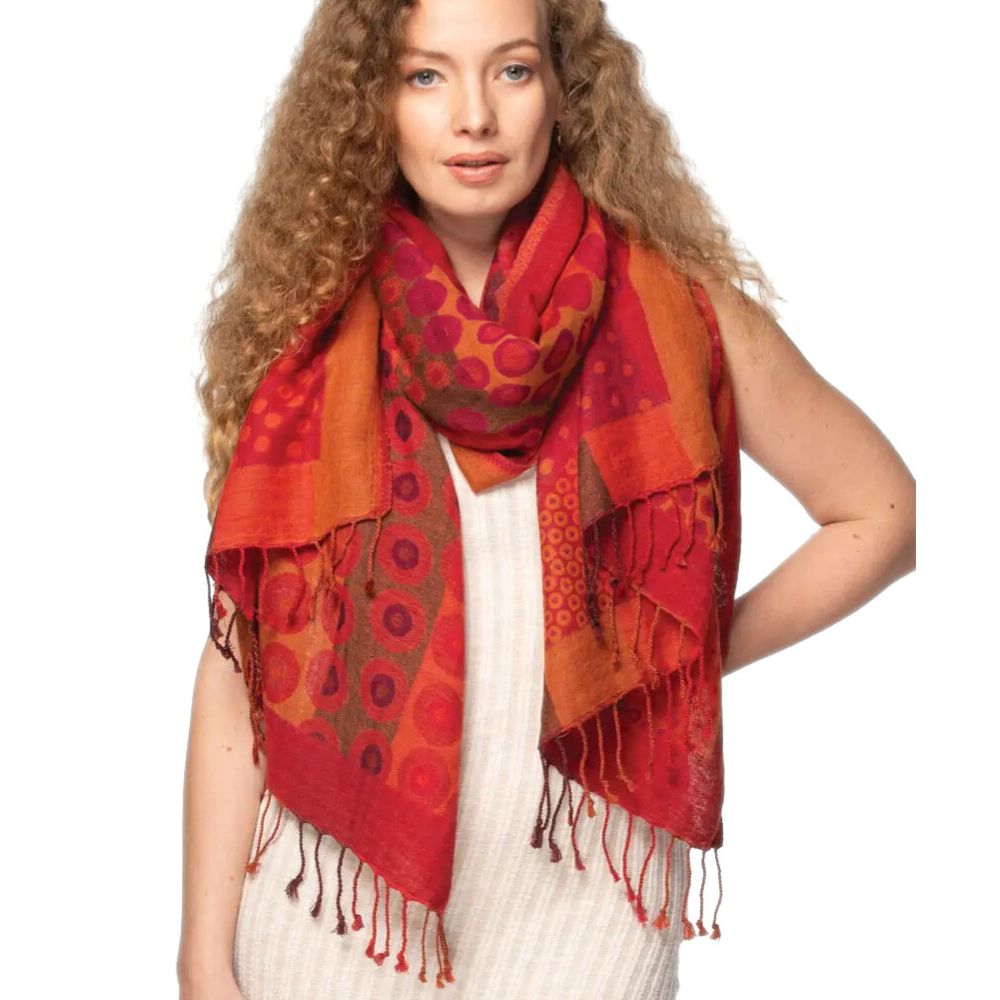 Kalya Wool and Cotton Shawl - Abstract Red and Orange