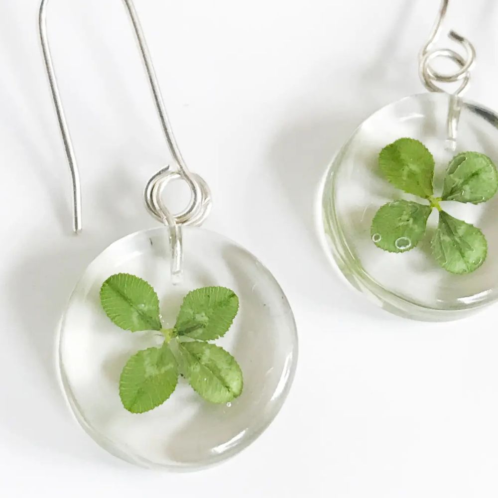 Resin Mini Moon Earrings with Four Leaf Clover