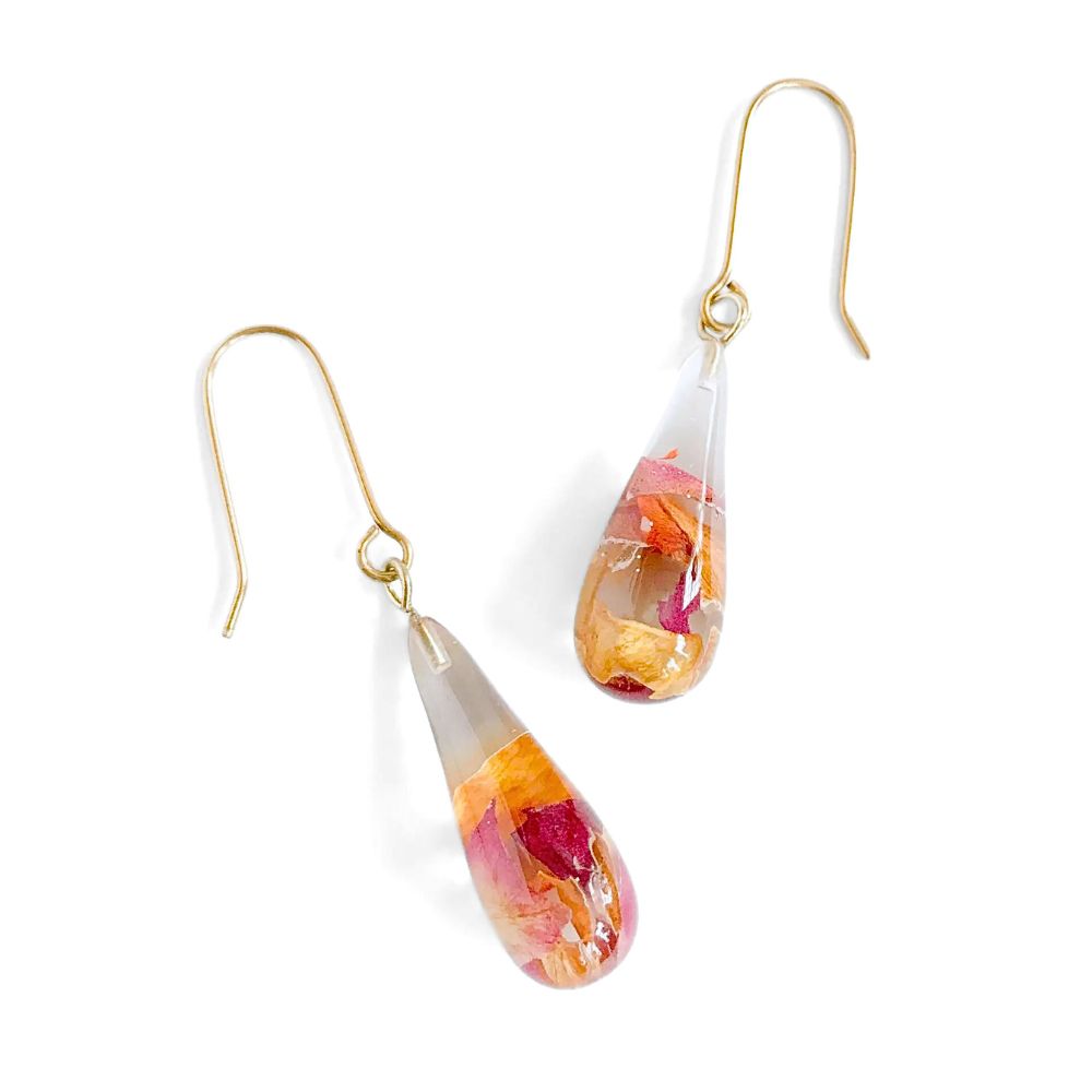 Resin Teardrop Earrings with Rose Petals