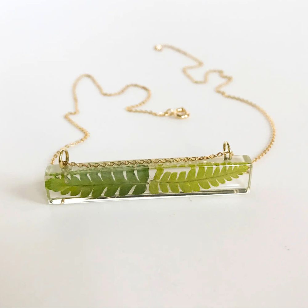 Resin Bar Pendant Necklace with Fern