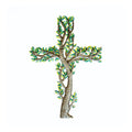Painted Metal Cross with Branches and Leaves